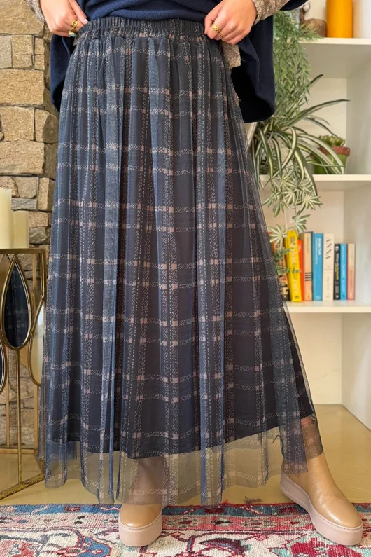 Enid Plaid Tulle Midi Skirt Navy